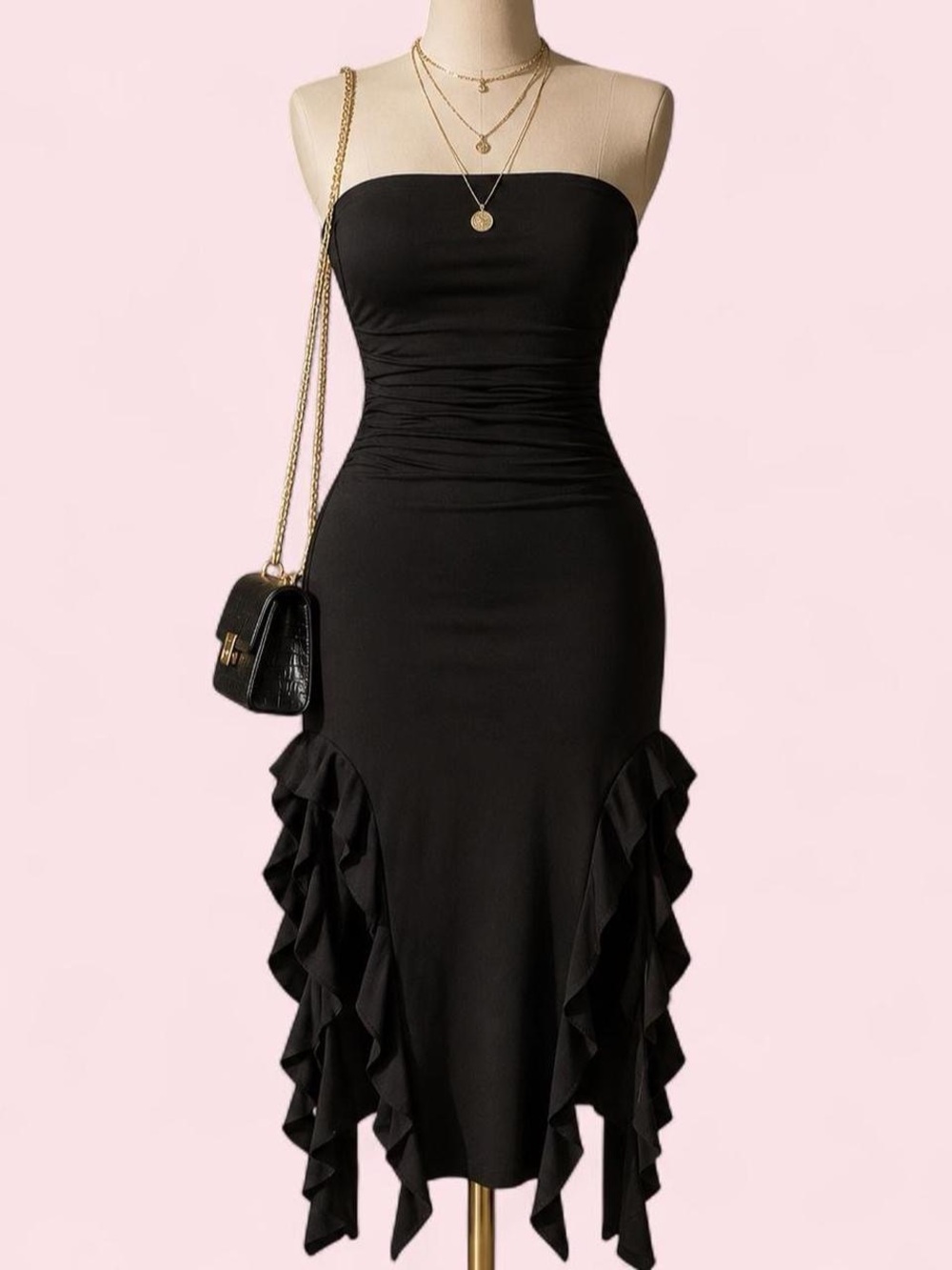 Chic Strapless Black Ruffle Midi Dress